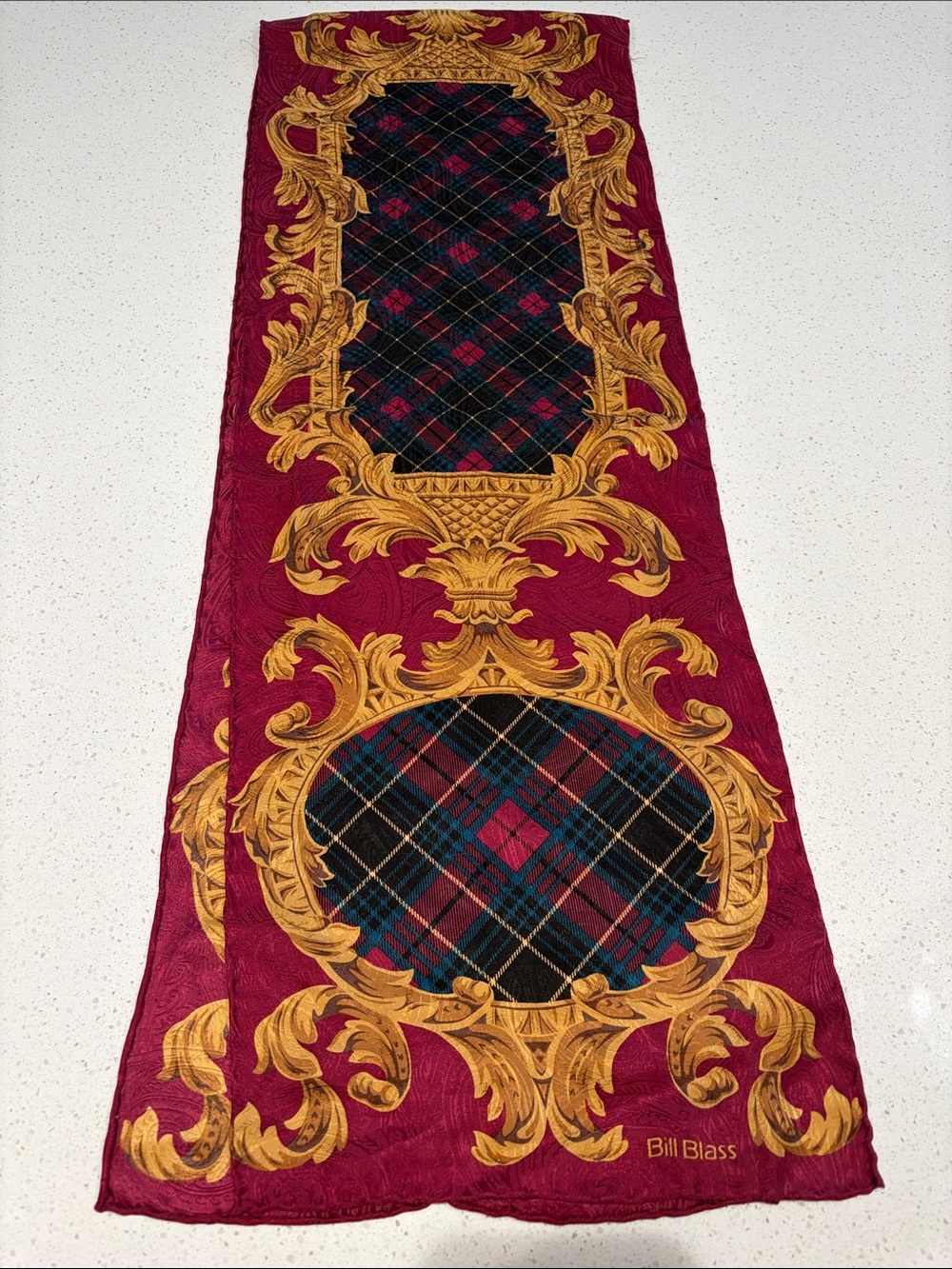 Bill Blass -  Burgundy and Gold Plaid Silk Scarf or Accent Table Runner